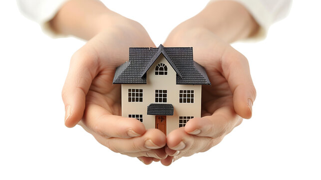 The house in human hands isolated on transparent background.