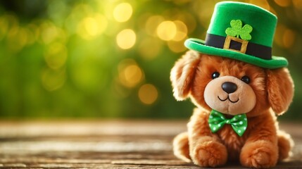 cute teddy dog with St. Patrick's Hat on bokeh background	 - obrazy, fototapety, plakaty