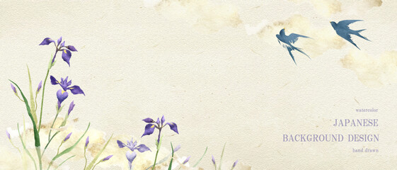 端午の節句の花菖蒲とつばめの背景/ベクター、こどもの日、水彩、手描き