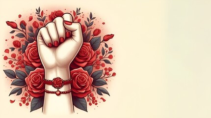 International Women's Day illustration with female fist raised up with bracelet of red roses