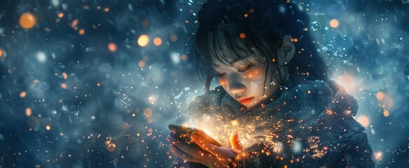 Young woman holding a glowing smartphone in a mystical snowfall, with sparks and bokeh lights creating an enchanting atmosphere.