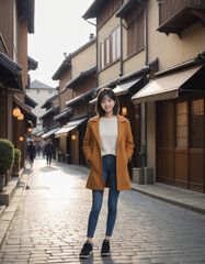古い日本家屋が立ち並ぶ通りを旅行中の若い女性