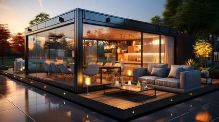a gray modular office container unit with sliding glazed doors, luxury interior with lounge, architectural visualization, sunset in an urban environment - obrazy, fototapety, plakaty