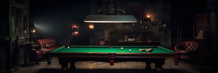 Under the Spotlight: The Artistic Visual Narrative of a Billiards Setup in a Dimly Lit Room