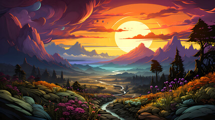 psychedelic art landscape with sunset and mountains, sky, flower field, hippie illustrations with clouds, waves and sun rays, vector background