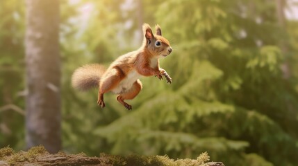 Photo of Eurasian red squirrel Sciurus vulgaris jumping