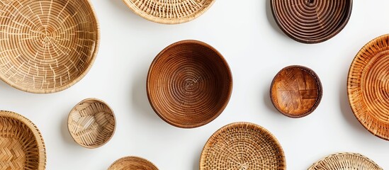 Several empty wicker bowls and baskets are neatly arranged on top of a white wall, showcasing traditional handmade items in a simple and organized manner.