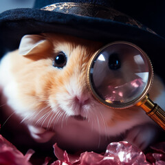 A hamster detective magnifying glass in paw sleuthing around a miniature crime scene - obrazy, fototapety, plakaty