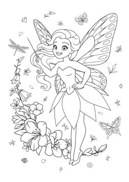 Cute flying fairy with a magic wand surrounded with flowers. Vector coloring page.