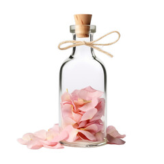 Blank glass bottle with a cork stopper and a label, surrounded by silk flower petals isolated on transparent background, png