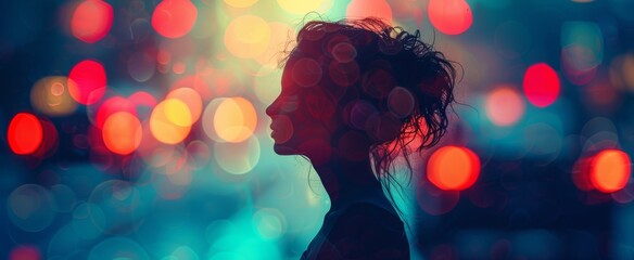 Silhouette of a woman against vibrant city lights, with a bokeh effect creating a mood of urban solitude and contemplation - obrazy, fototapety, plakaty