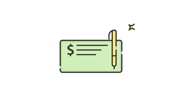 paycheck bank check receipt icon animation video, check book, note bank icon looped animation