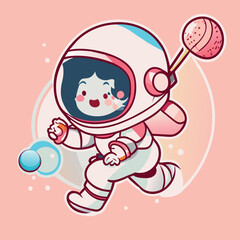 flying astronauts playing baseball with space, sticker, clean white background, t-shirt design, graffiti, vibrant, vector illustration kawaii