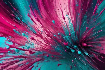 Immortalizing a Mesmerizing Moment with Vibrant Magenta and Cyan Paint Splatters, Crafted with...