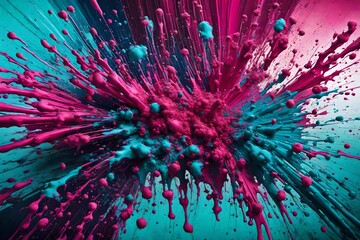 mmortalizing a Mesmerizing Moment with Vibrant Magenta and Cyan Paint Splatters, Crafted with...