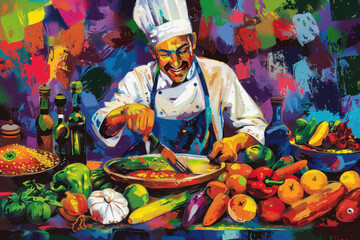 Colorful Culinary Artistry of a Chef Preparing a Vibrant Vegetable Dish