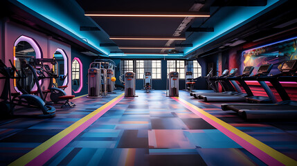 A gym with a colorful and vibrant design, using bold hues and neon lighting.