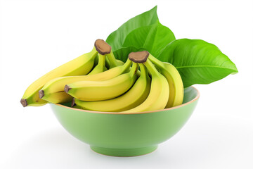 Bunch of yellow bananas with leaves in bowl. AI generation.