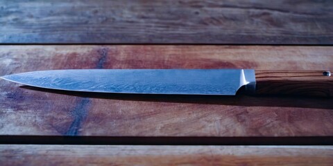 The Artisan's Edge: A Chef's Damascus Steel Knife on Wooden Planks