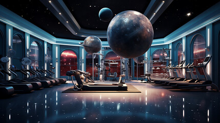 A gym with a cosmic journey theme, featuring space-themed workouts and celestial decor.