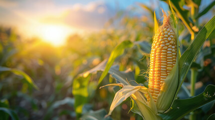 fresh corncob at organic corn field or maize field at agriculture farm in the morning sunrise