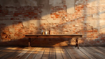 A rustic brick wall bathed in warm sunlight, casting realistic shadows on its textured surface