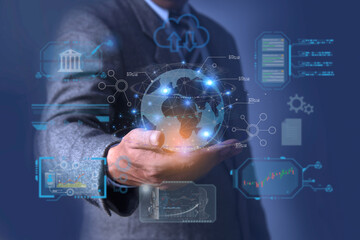 Businessman hand holding virtual Global Internet connection metaverse. Connection application technology and digital marketing, Financial and banking, Digital link tech, big data.
