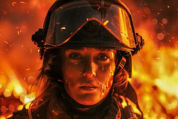  Brave Female Firefighter with Intense Gaze Facing Inferno