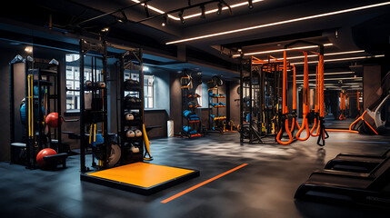 A gym with a focus on functional training, including sleds, plyometric boxes, and suspension trainers. - obrazy, fototapety, plakaty