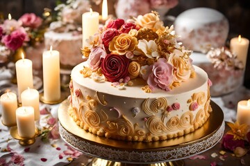 Obraz na płótnie Canvas An Intimate Portrait of Birthday Cake Artistry, Revealing Delicate Piped Buttercream Frosting, Edible Floral Embellishments, and Luxurious Gilded Accents. Bask in the Radiance of Candlelight and Fest