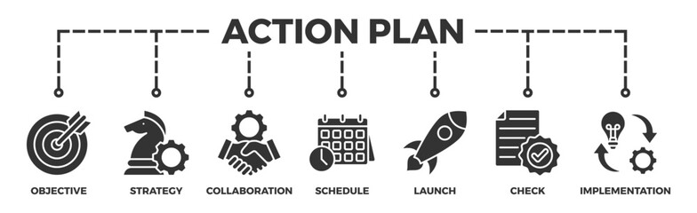 Action plan banner web icon vector illustration concept with icon of objective, strategy, collaboration, schedule, act, launch, check, and implementation
