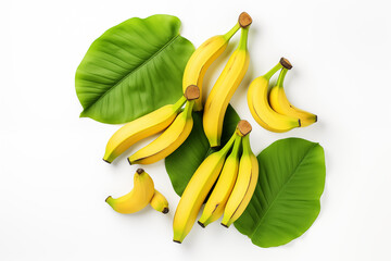 Ripe bananas with leaves isolated on white background. AI generation.