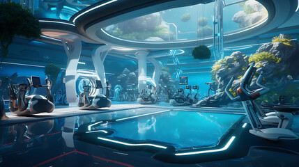 A gym with a futuristic underwater base theme, featuring underwater base workouts and marine decor.