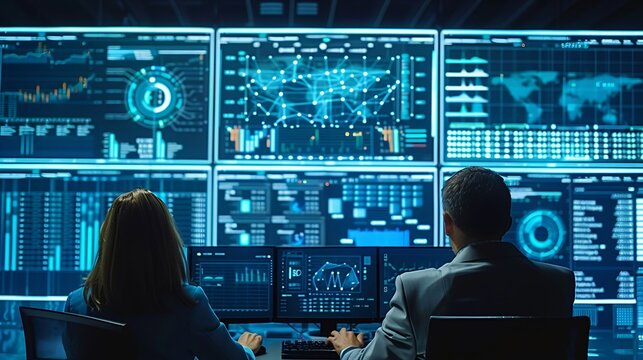 Generative AI : diverse group of professionals looking at a large computer screen displaying data graphs