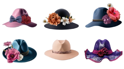 Collection of PNG. Stylish women and men derby fedora hats and in different colors decorated with flowers isolated on a transparent background.
