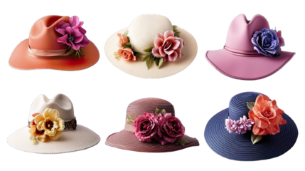 Collection of PNG. Stylish women and men derby fedora hats and in different colors decorated with flowers isolated on a transparent background.