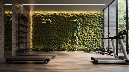 A gym with a garden theme, incorporating living walls and natural elements for a serene atmosphere.
