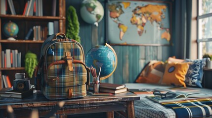 Children's bedroom with books, a globe, a wooden desk, and a rucksack. Generative Ai. - obrazy, fototapety, plakaty
