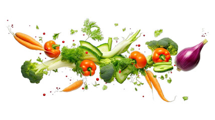 Collection of PNG. Vegetables flying isolated on a transparent background.