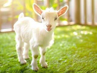 Generative AI : cute happy goat baby on green field of a farm