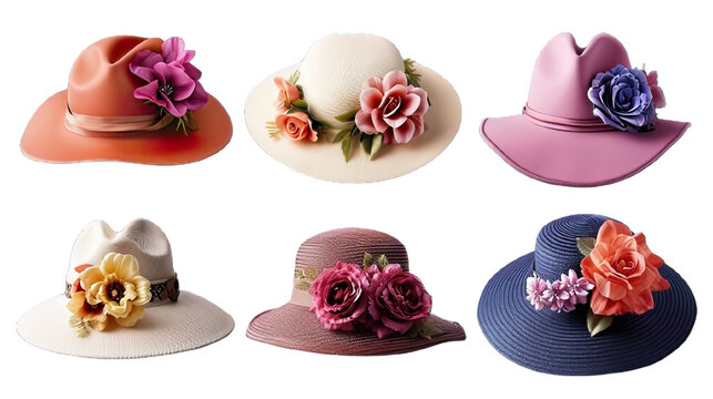 Collection of PNG. Stylish women and men derby fedora hats and in different colors decorated with flowers isolated on a transparent background.