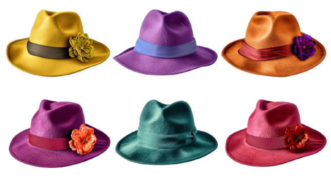 Collection of PNG. Stylish women and men derby fedora hats and in different colors decorated with flowers isolated on a transparent background. - Powered by Adobe