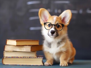 Generative AI : welsh corgi puppy student with glasses on the background of a blackboard with books in school. 