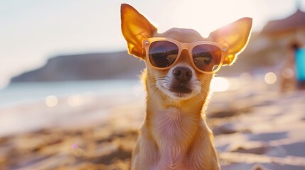 Generative AI : chihuahua dog posing on a beach in sunglasses.