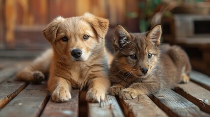 Fototapeta na wymiar Generative AI : Cat and dog looking sideway in the outdoor table.Kitten and puppy together.