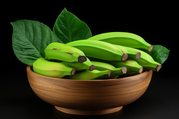 Bunch of green bananas with leaves in bowl. AI generation.