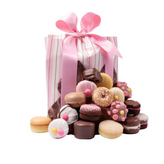 Sweets and chocolates in a gift box Isolated on transparent background