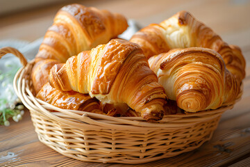 Freshly baked croissants in a basket on a wooden table
