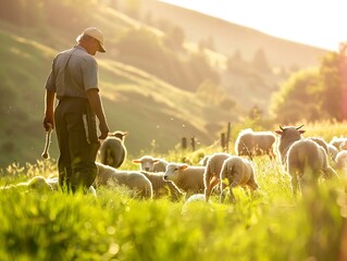 Generative AI : Farm, sheep and feeding with man in field for agriculture, sustainability and...