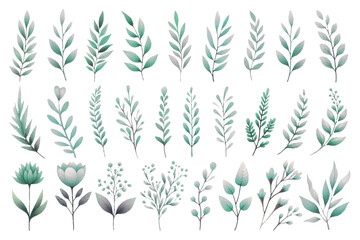 Watercolor illustration material set of green botanical motifs